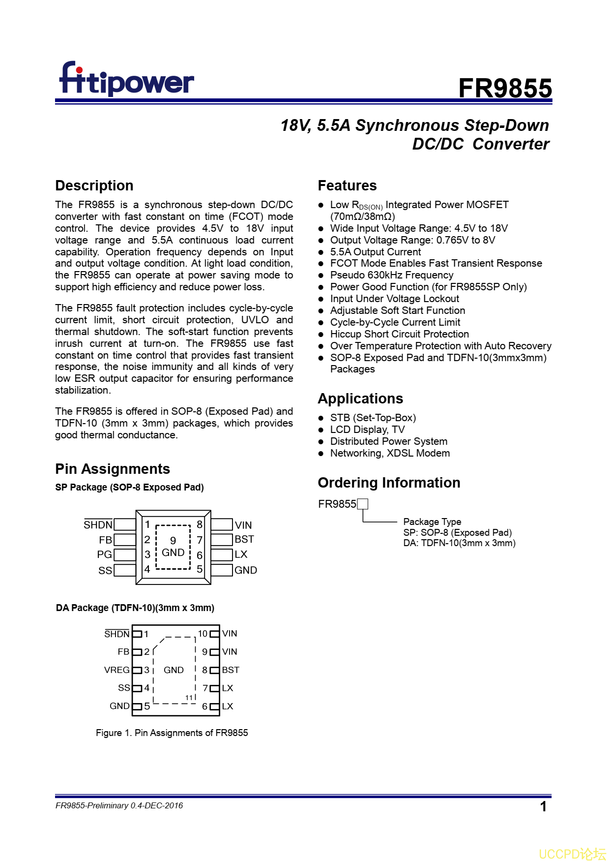 天鈺原裝FR9855芯片代理商，衕步降壓DC/DC轉換器具有快速恆定時間(FCOT)模式控製