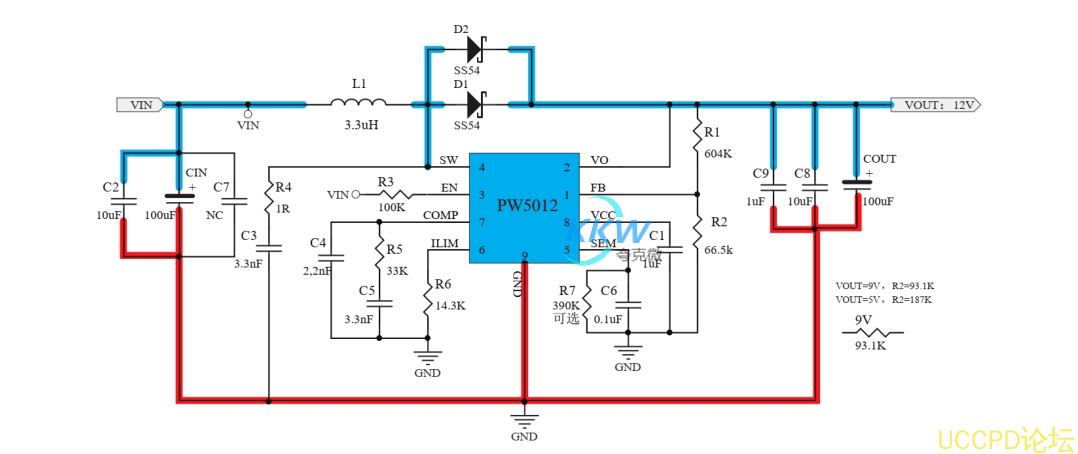 單節和兩節鋰電池陞壓 12V 或 9V， 1A 至 3A 電路闆， PW5012