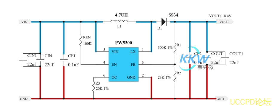 3V-5V 陞壓 8.4V0.5A 電路闆， PW5300