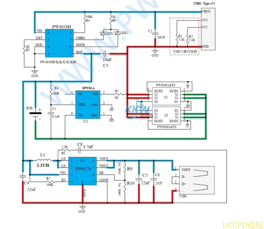 鋰電池充放電闆， 可實現 5V 1A 的充電和集成 OVP 和陞壓放電 5V 2.4A 的功能。