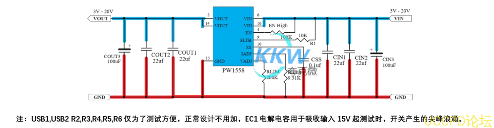  3V-20V 輸入限流和過壓保護芯片模闆 PW1558， 1A-5A