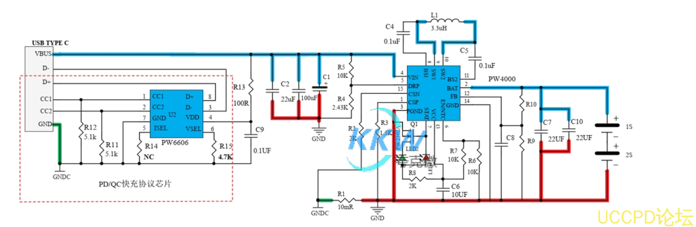 PD 和 QC 快充充电器 2A 给两节 7.2V 磷酸铁锂电池充电芯片方案 PW4000