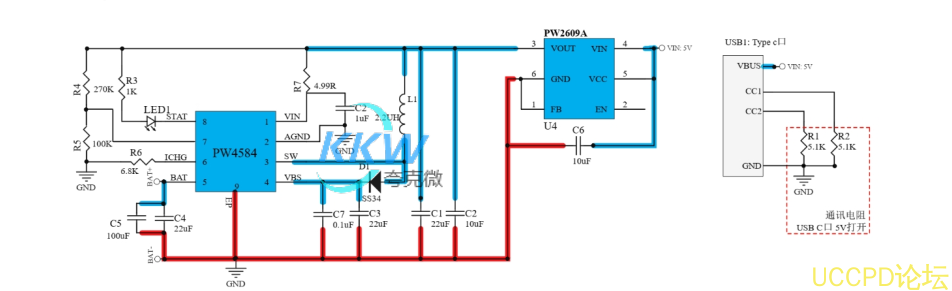 PW4584， 5V2.4A 輸入,兩節串聯鋰電池陞壓充電管理闆， 6.1V 過壓關閉保護