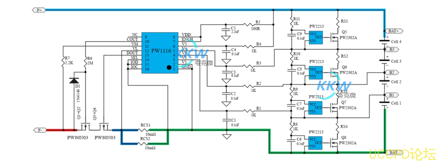 四节串联锂电池保护方案板， 20A 过流，带电池均衡电路